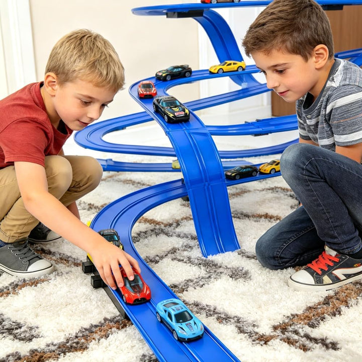 Tragbare Rennbahn für Kinder 5 Meter Flexible Dual-Rennstrecke mit 4 Leichtmetall-Autos, Rampen & Au