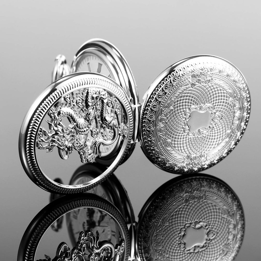 TREEWETO Mechanische Taschenuhr für Herren, Motiv: Drachen, hohl, Jäger, mit Kette und Box Silber, S