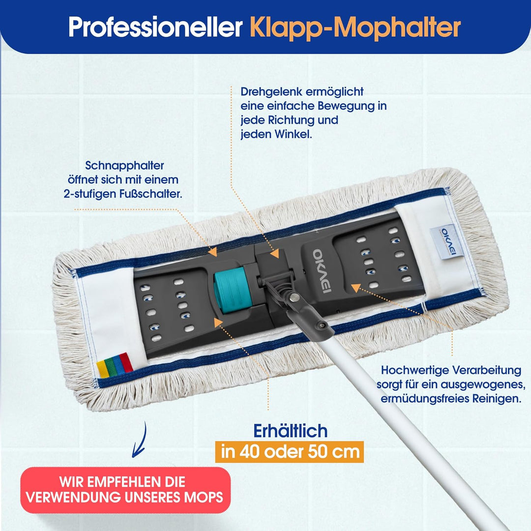 OKAEI Mophalter 50 cm + Alu Teleskopstiel 80–145 cm – Set – Profi Bodenwischer-System mit 360° Drehk