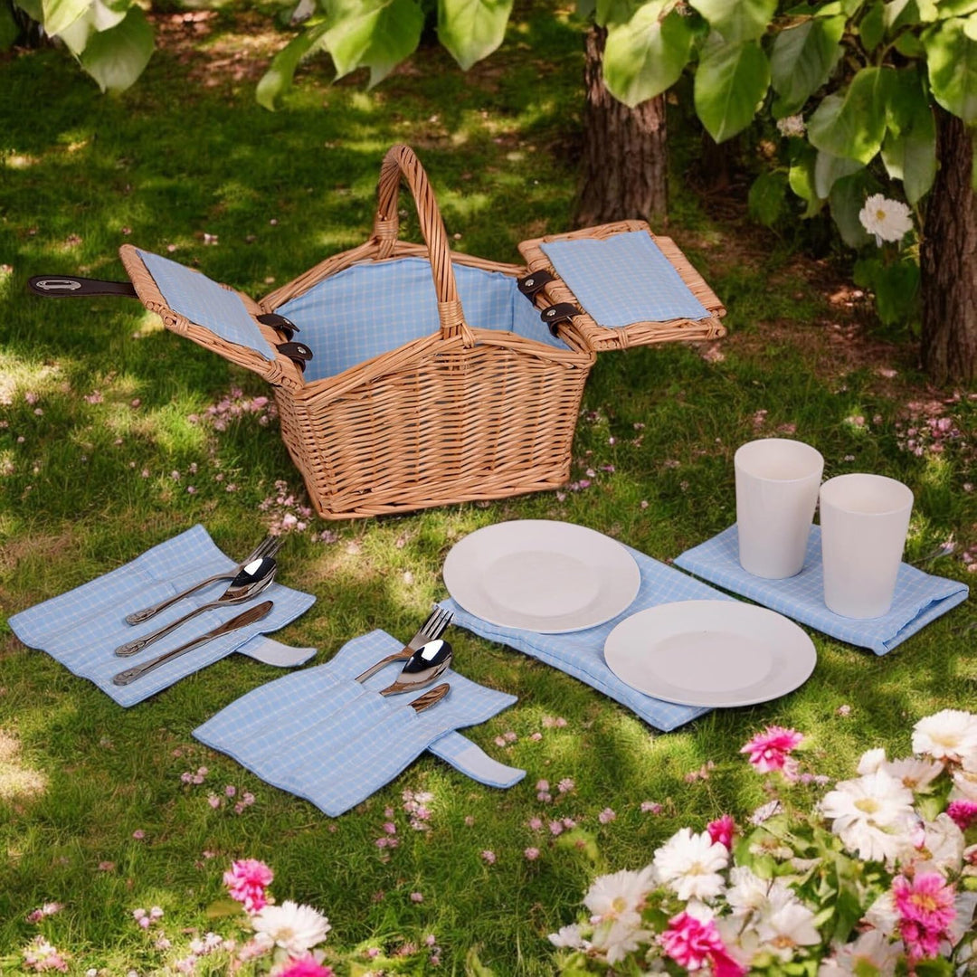 UNUS® Picknickkorb für Kinder rechteckig aus Weide mit Stoffauskleidung blau, Komplettset für 2 Pers