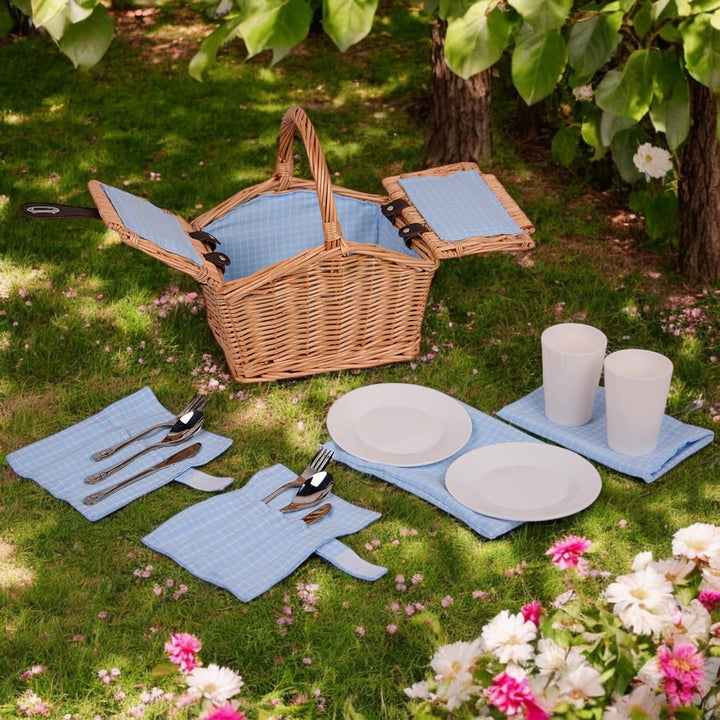 UNUS® Picknickkorb für Kinder rechteckig aus Weide mit Stoffauskleidung blau, Komplettset für 2 Pers