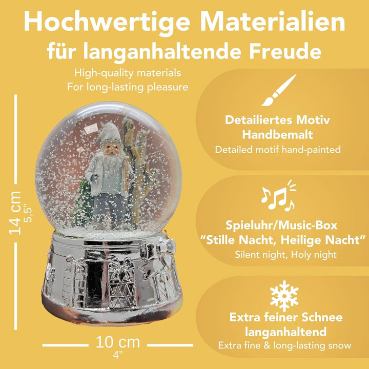 Schneekugel Weihnachten Spieluhr | Wichtel grau weiss im Winterwald | Sockel Silber | Höhe: 140mm, B