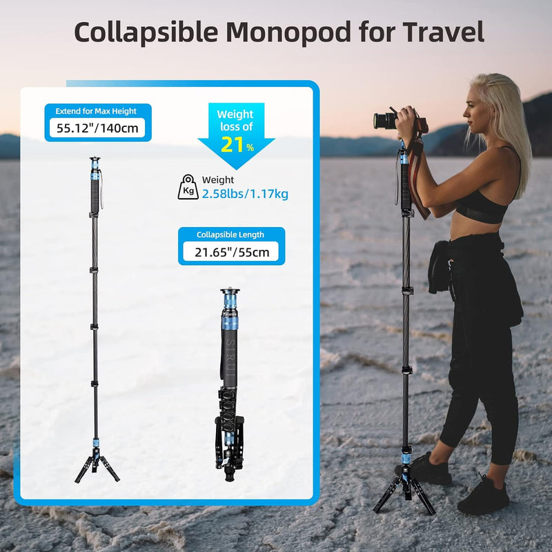 SIRUI P-325FS Carbon Fiber Kamera Wanderstock Einbeinstativ Monopod mit Standfuss, 140cm leichte,Tel