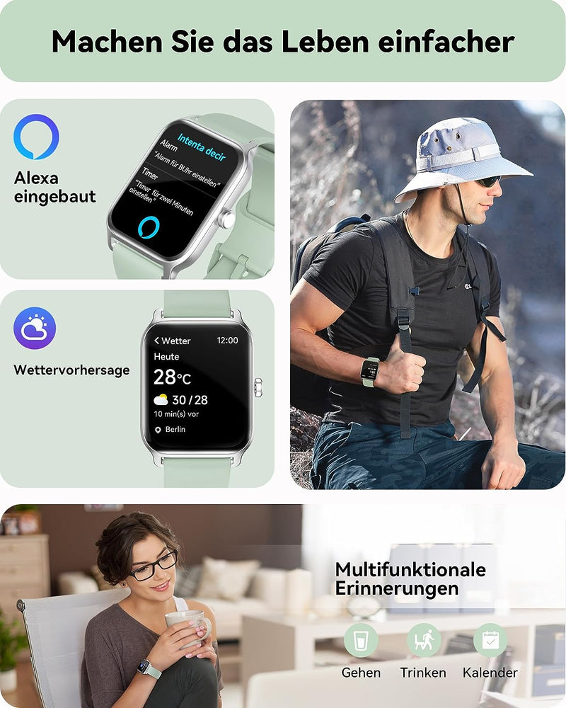 Smartwatch (Anrufe tätigen und empfangen), 1.8" Smartwatch Damen mit Alexa integriertem Herzfrequenz