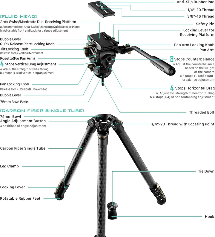 Tilta Video Kamera Stativ mit 75mm Bowl Cine Fluid Kopf mit 3-stufigen Carbonfaser-Stativbeinen Max.