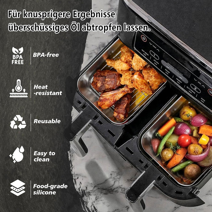 6-tlg. Auflaufform Set für Airfryer/Heissluftfritteuse aus Edelstahl 304 – 2× Schale + 2× Grillrost,