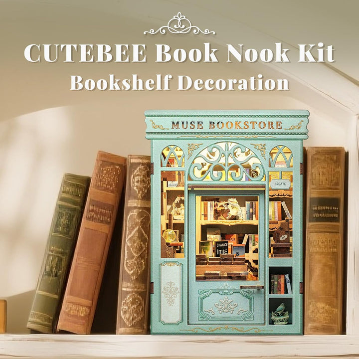 CUTEBEE DIY Book Nook – Kunstvolles DIY Puppenhaus, Miniatur-Welt selbst Bauen mit LED-Beleuchtung |