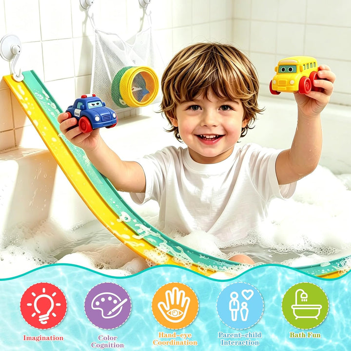 Badespielzeug Baby, Flexible Kugelbahn Badespielzeug mit 2 Autos Badespielzeug Saugnäpfe, Badewannen