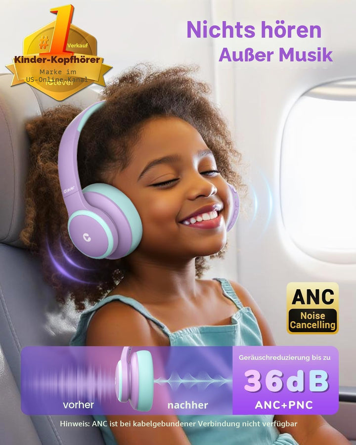 iClever Noise Cancelling Bluetooth Kopfhörer Kinder, 60 Spielzeit, Sichere Lautstärke 80 dBA, Typ-C-