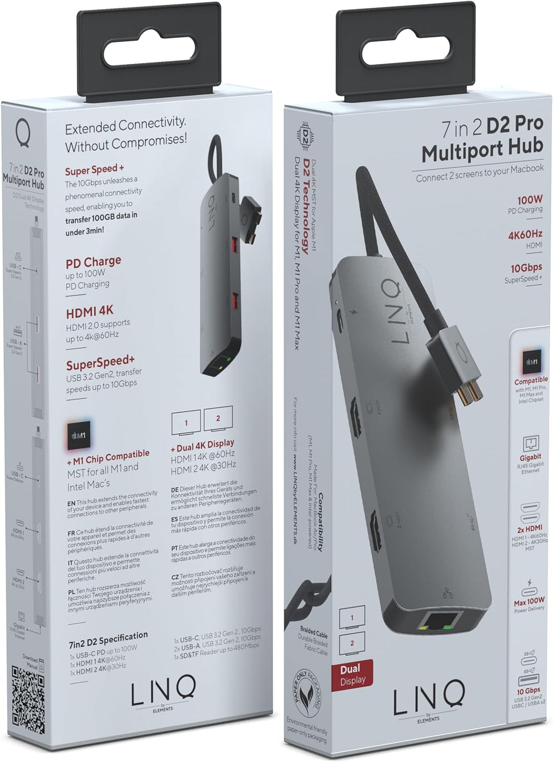 Linq Connects 7in2 Pro USB-C 10gbit/s Hub, Dual 4K HDMI-Ethet für M1/2, 4K HDMI 1/2, HDMI 2.0, bis 4