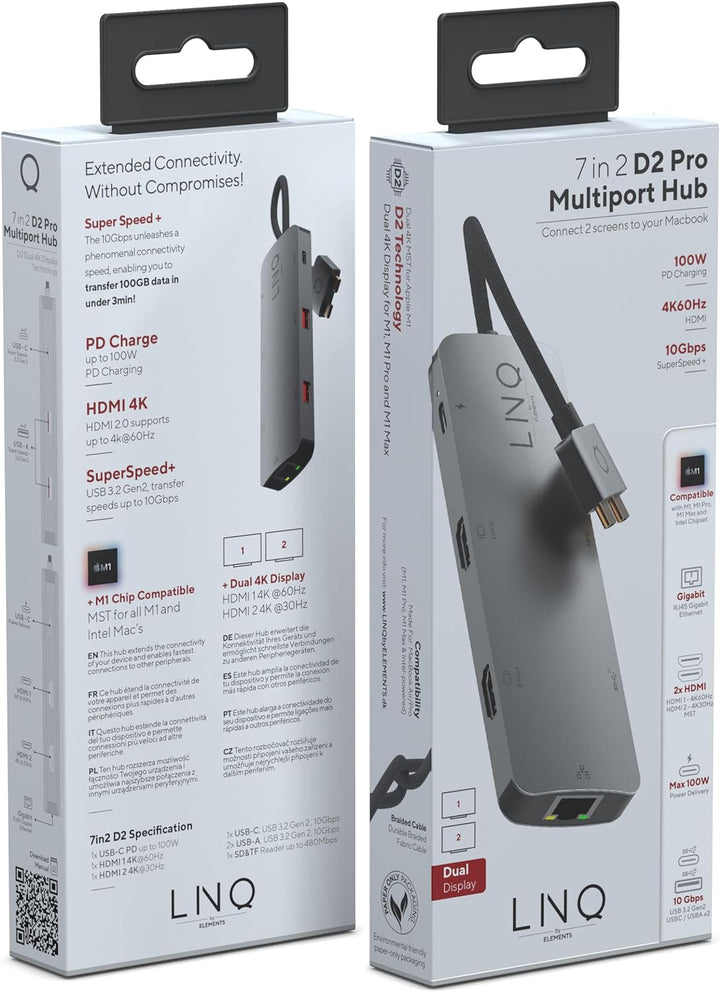 Linq Connects 7in2 Pro USB-C 10gbit/s Hub, Dual 4K HDMI-Ethet für M1/2, 4K HDMI 1/2, HDMI 2.0, bis 4