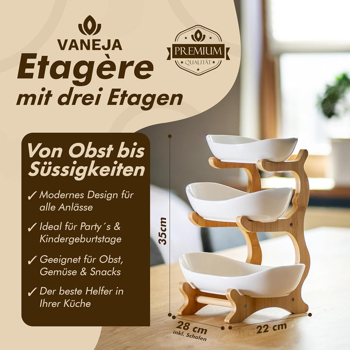 Obst Etagere 3 stöckig WEISS KERAMIK mit Bambusständer, Servierständer für Obst Snacks Gebäck, elega