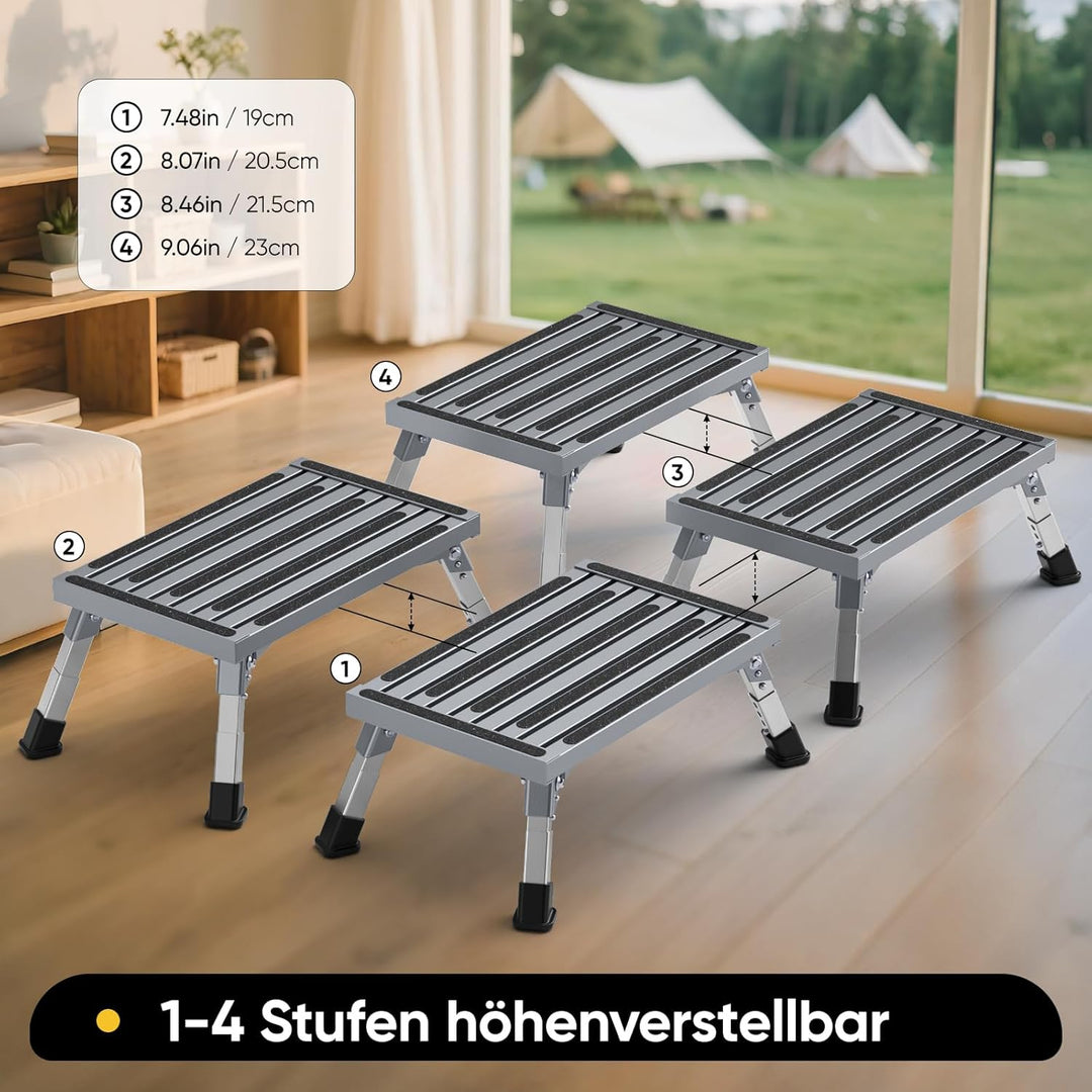 Aluminium Tritthocker Klappbar mit 350 kg Traglast &amp; 4-stufige Höhenverstellung18-24 cm, Klappbar Ru