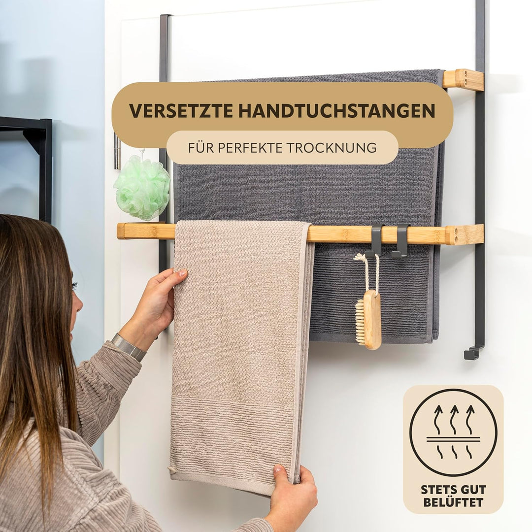 eluno Tür-Hängeregal aus Metall und Bambus, Tür-Handtuchhalter mit 2 Handtuchstangen, 4 praktische H