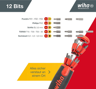 Wiha Schraubendreher mit Bit Magazin LiftUp 25 magnetisch gemischt mit 12 Bits, 1/4" (3803), Bits im