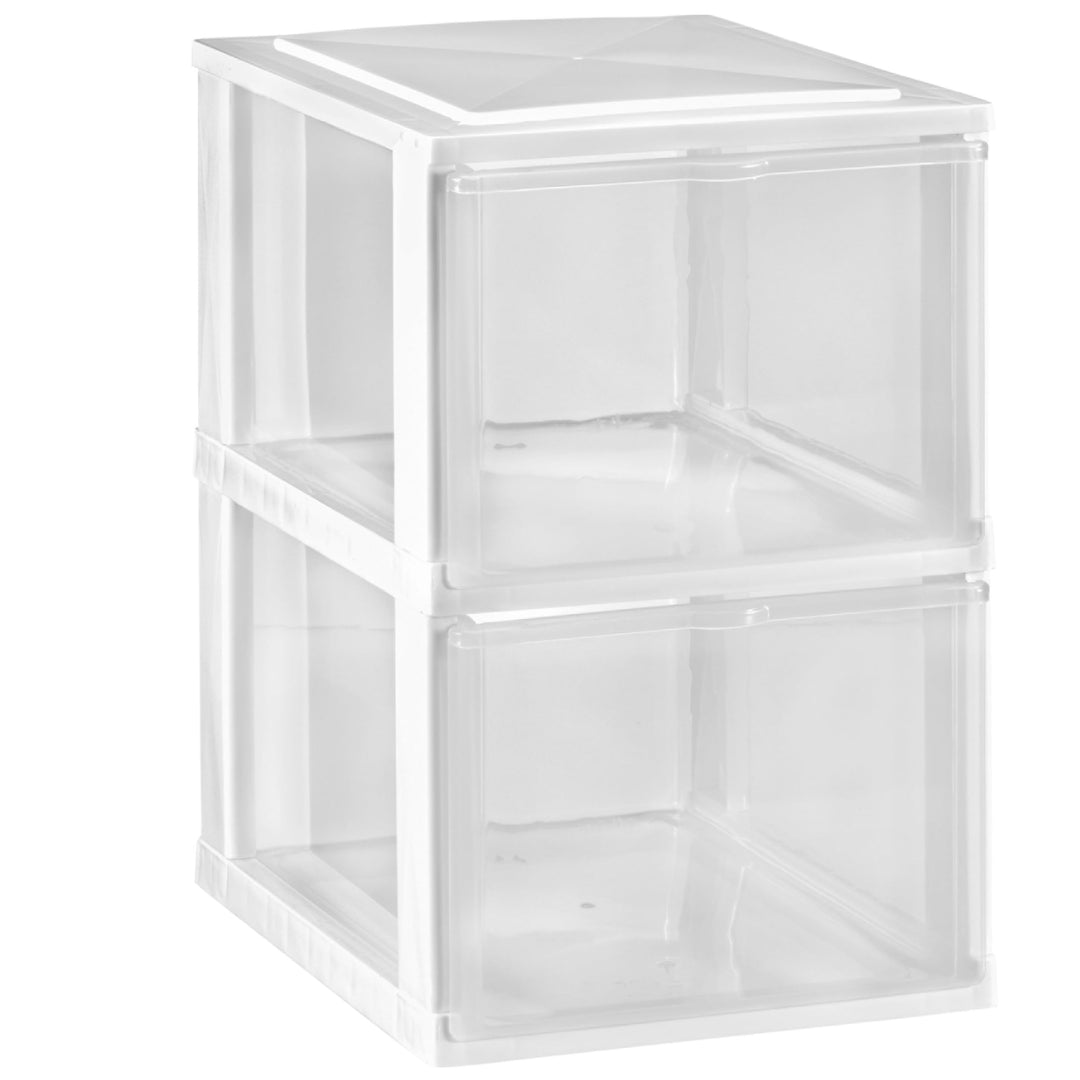 Hummelladen Schubladenbox DIN A4 mit 2 hohen Schubladen 34,5x26x39 cm - Weiss-transparent Kunststoff