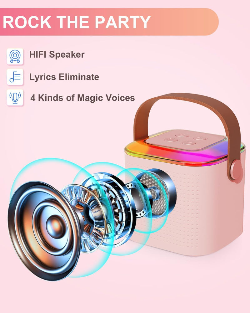 Karaoke Maschine Kinder Geschenk Mädchen, Tragbarer Mini Bluetooth Karaoke Lautsprecher mit 2 kabell