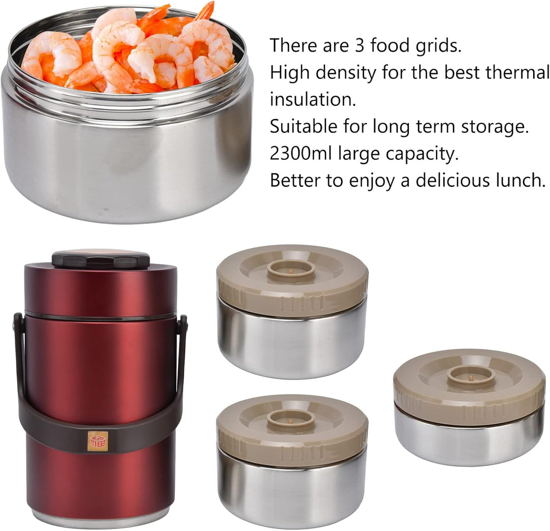 2.3L Edelstahl Isolierbare Lunchbox 3 Schichten Vakuum Isolierter Lebensmittelbehälter Auslaufsicher