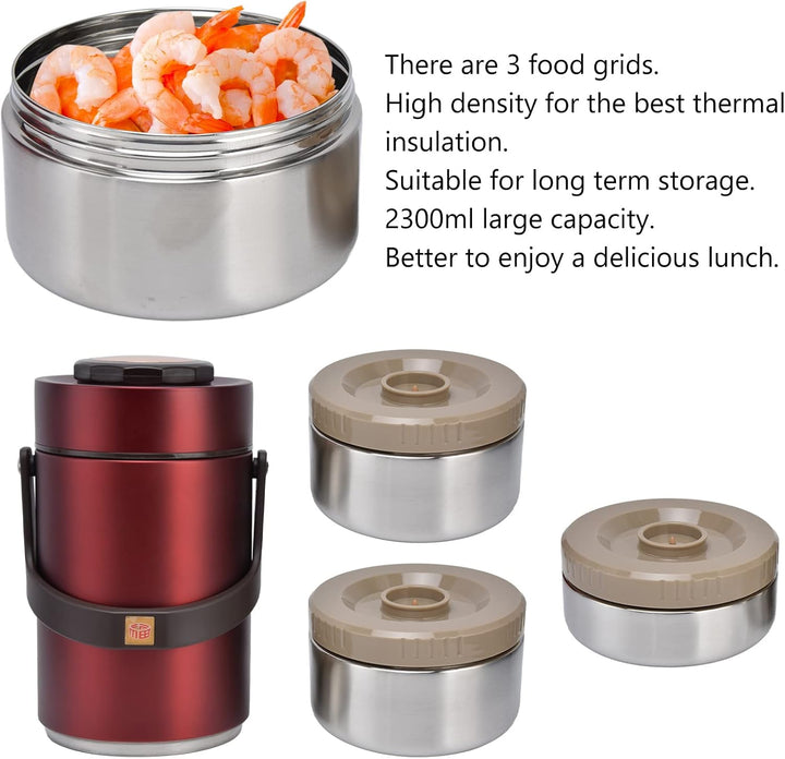 2.3L Edelstahl Isolierbare Lunchbox 3 Schichten Vakuum Isolierter Lebensmittelbehälter Auslaufsicher