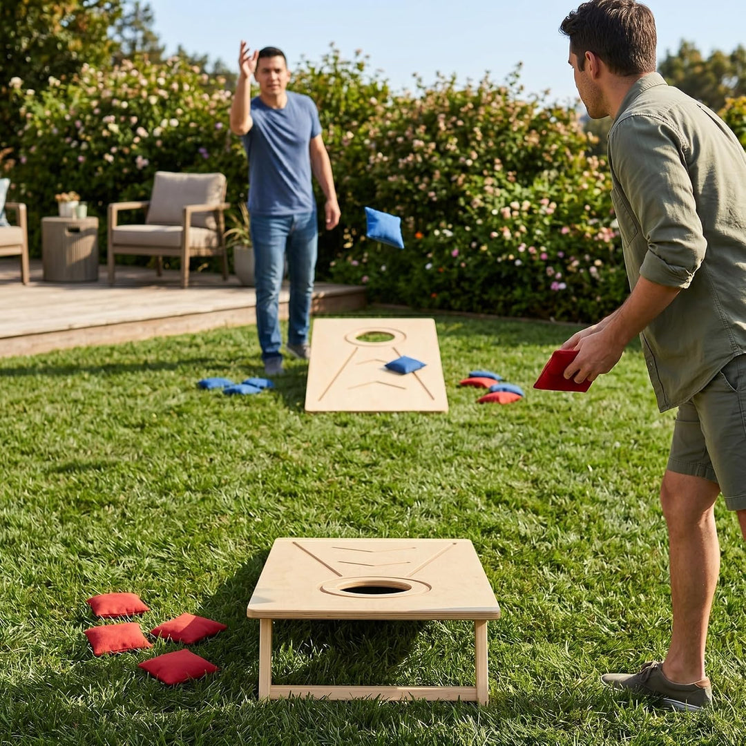 Cornhole Wurfset für Outdoor &amp; Indoor – Bean Bag Toss Set mit 1 Holzbrett und 10 Wurfsäckchen, kompa