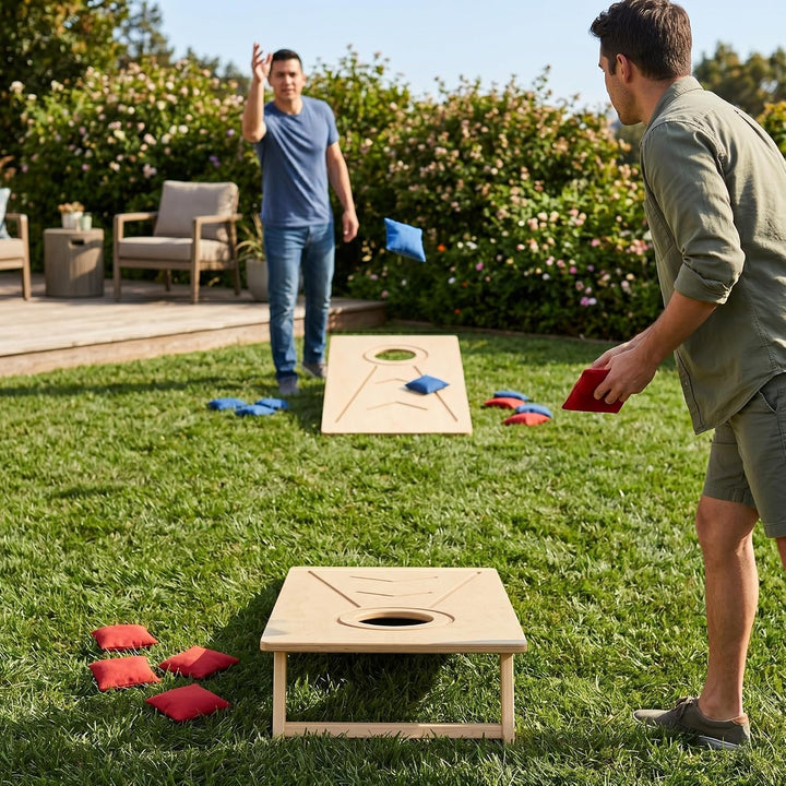 Cornhole Wurfset für Outdoor &amp; Indoor – Bean Bag Toss Set mit 1 Holzbrett und 10 Wurfsäckchen, kompa