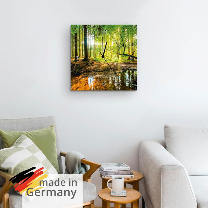 ARTLAND Wanduhr ohne Tickgeräusche Leinwand Quarzuhr 30x30 cm Quadratisch Lautlos Wald Landschaft Na