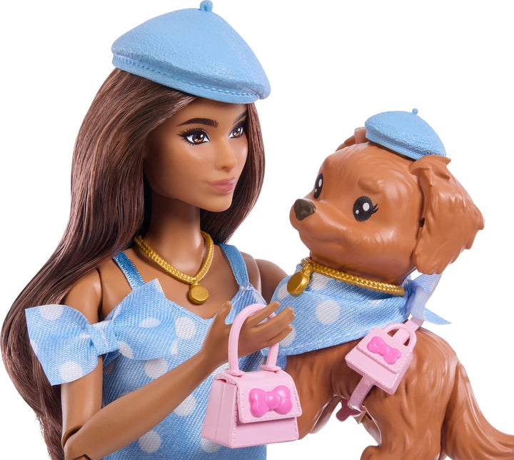 Barbie Twinning Looks Puppe mit Hündchen im Partnerlook mit blauen Pünktchen-Outfits und Accessoires