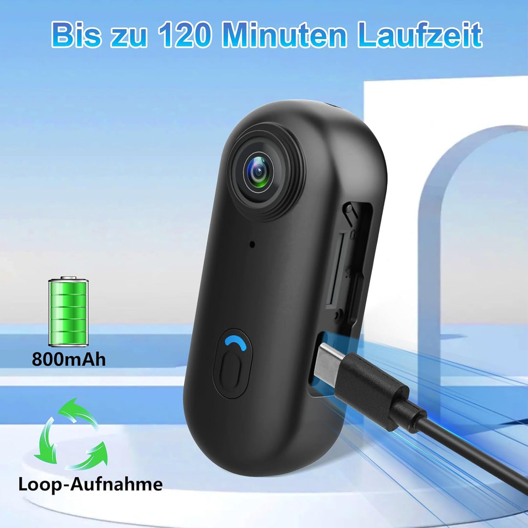 Actionkamera HD 1080P mit WiFi, Kleine wasserdichte Kamera 30M (IPX8) | 120 Min Akkulaufzeit | 360°+