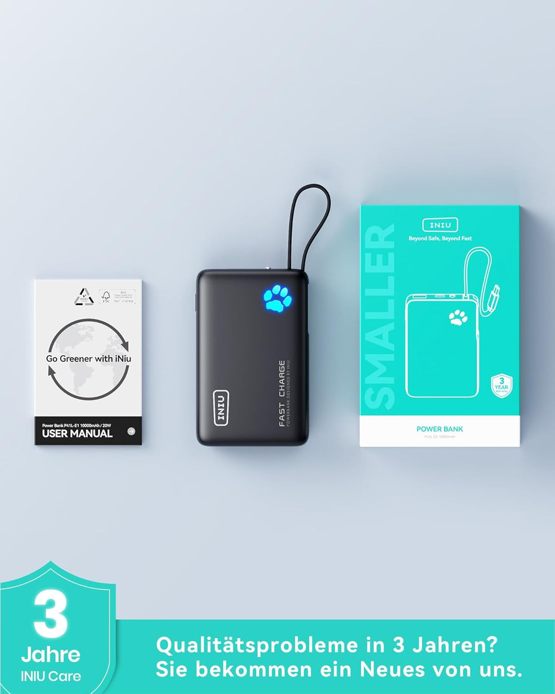 INIU 45W Power Bank, Mini-Grösse 10000mAh PowerBank mit Integriertem USB-C Kabel, Schnellladen Exter