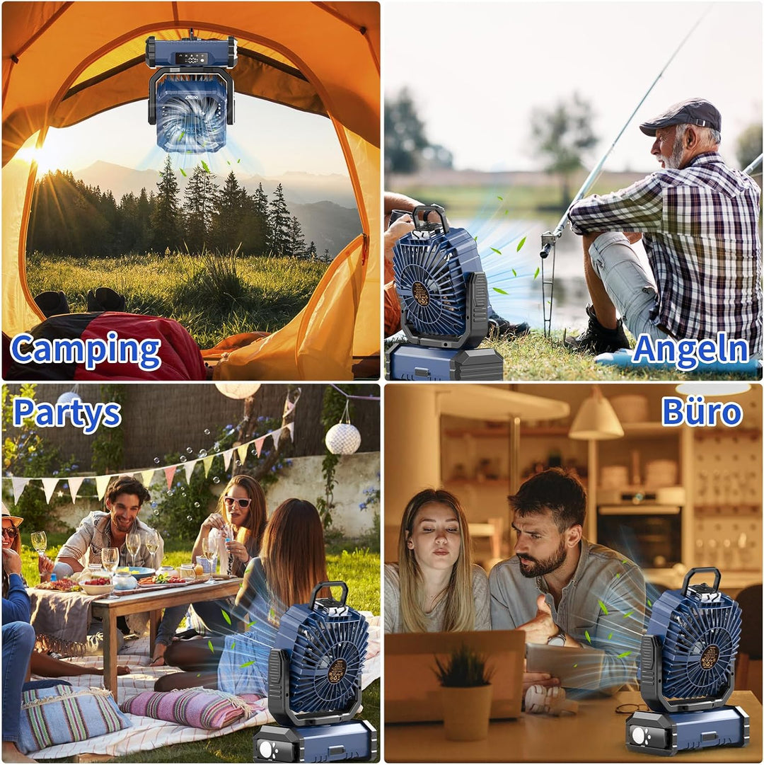 Ventilator Camping mit Sprühnebel, Akku Ventilator 20000mAh mit LED Licht, Haken, 270° Drehung, Trag