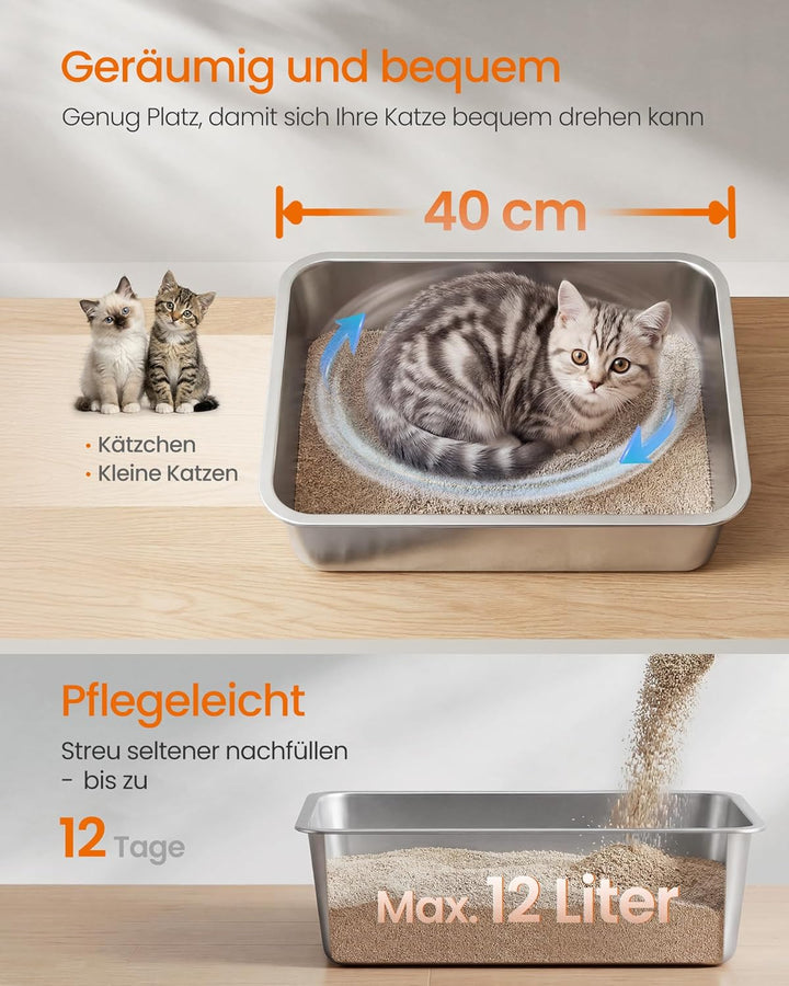 Feandrea Katzenklo Edelstahl, Katzentoilette offen, mit Schaufel, antihaftbeschichtet, geruchsfrei,