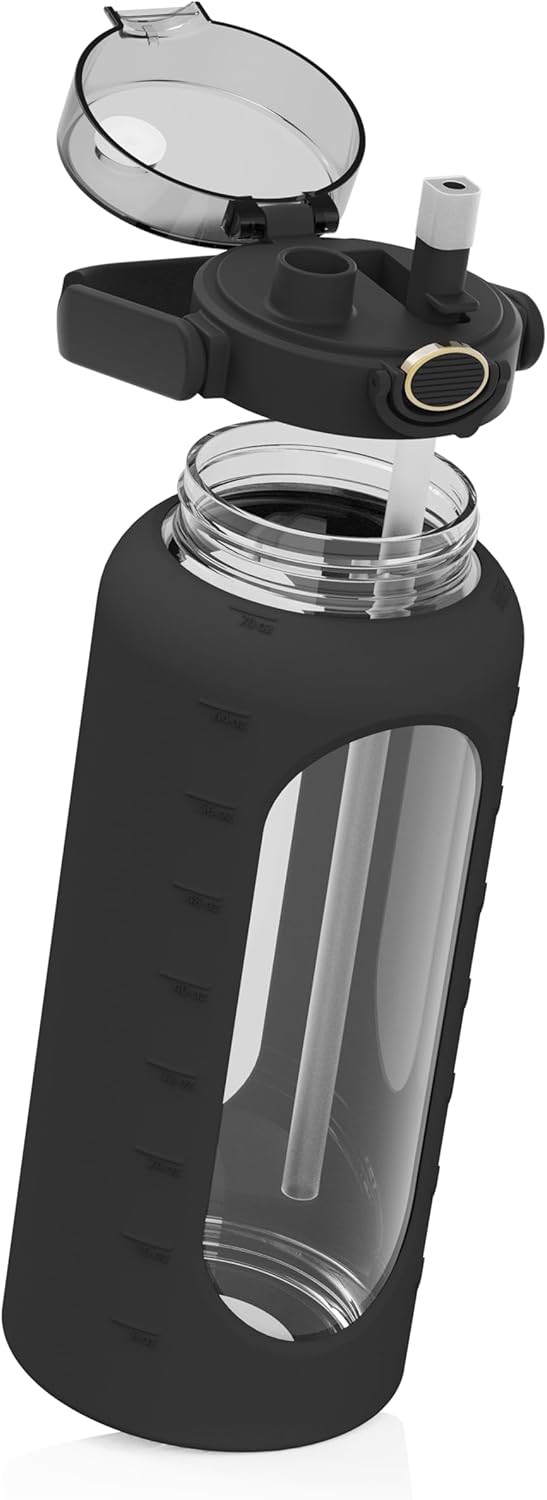 spottle Glasflasche 2 Liter - Trinkflasche 2L Glas mit Strohhalm - Grosse Wasserflasche mit Schutzhü