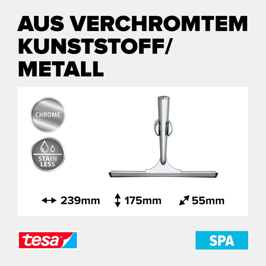 tesa SPAA Duschwischer, verchromt, rostfrei, inkl. Halterung und Klebelösung, weiche Gummilippe, 175