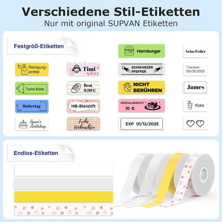 SUPVAN Katasymbol Etikettendrucker, Mini Bluetooth E10 Selbstklebendes Etikettiergerät - Tragbarer L