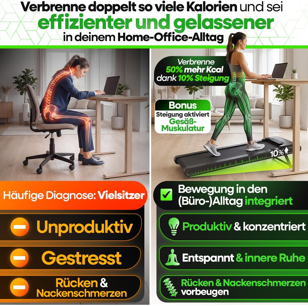 NEU Tretmann Walking Pad mit Steigung klappbar – extra leise [LongLife Laufdeck] mit App bis 150 kg