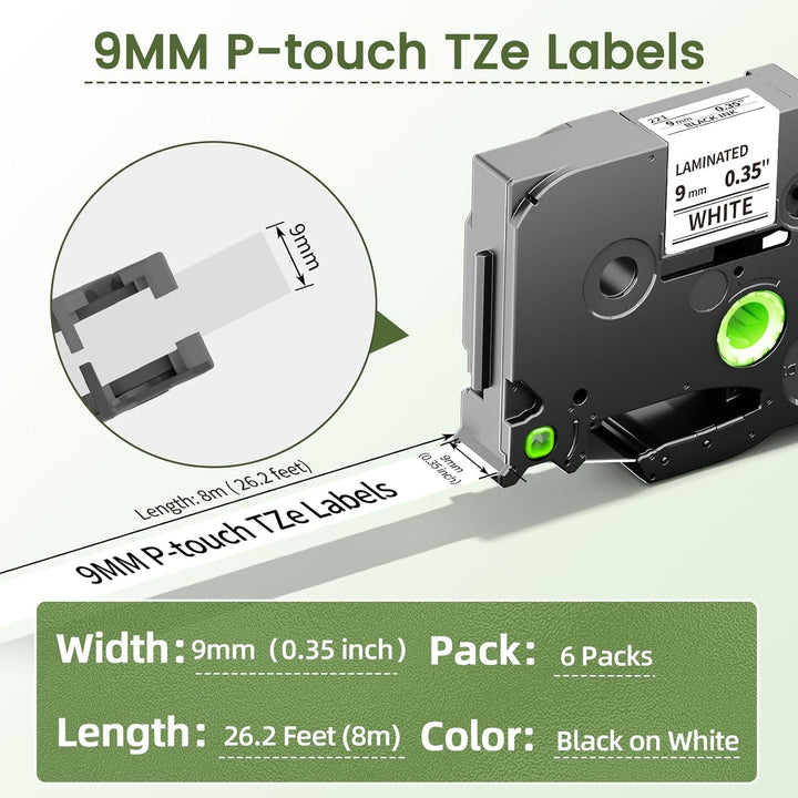 Markurlife TZe-221 9mm Kompatibel mit Brother P-Touch Bänder 9mm Schwarz auf Weiss TZe231 TZ Tape 9
