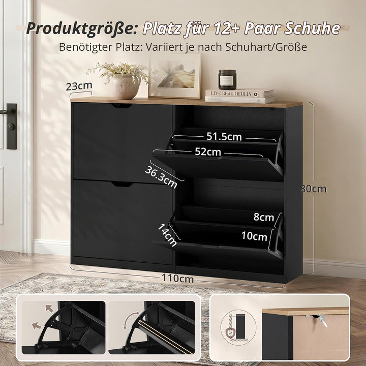 LUE BONA Schuhschrank mit 4 Flip-Klappen,Schuhschrank Schmal 23 cm Tiefe,Schuhkipper Geschlossen mit