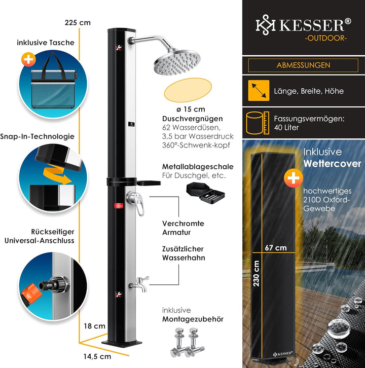 KESSER® Solardusche 40 Liter Solar Gartendusche inkl. Metall-Duschablage & Schutzhaube | warmes Wass