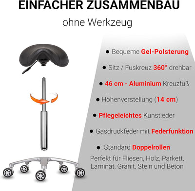 Staboos Rollhocker bis 160 kg - Sattelsitz mit Gel Polster - Praxishocker mit Rollen - Drehhocker hö