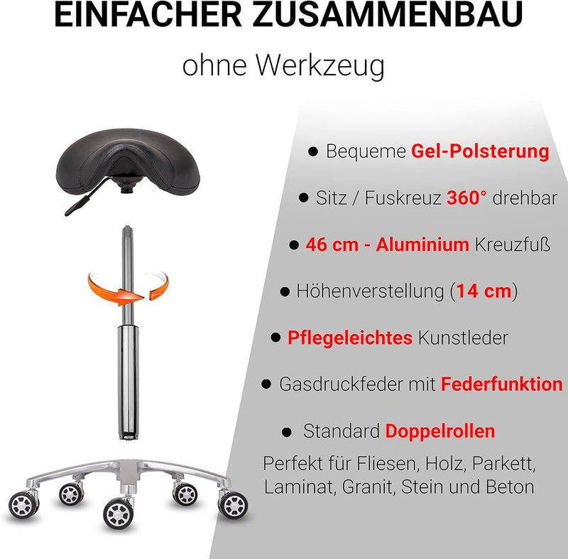 Staboos Rollhocker bis 160 kg - Sattelsitz mit Gel Polster - Praxishocker mit Rollen - Drehhocker hö