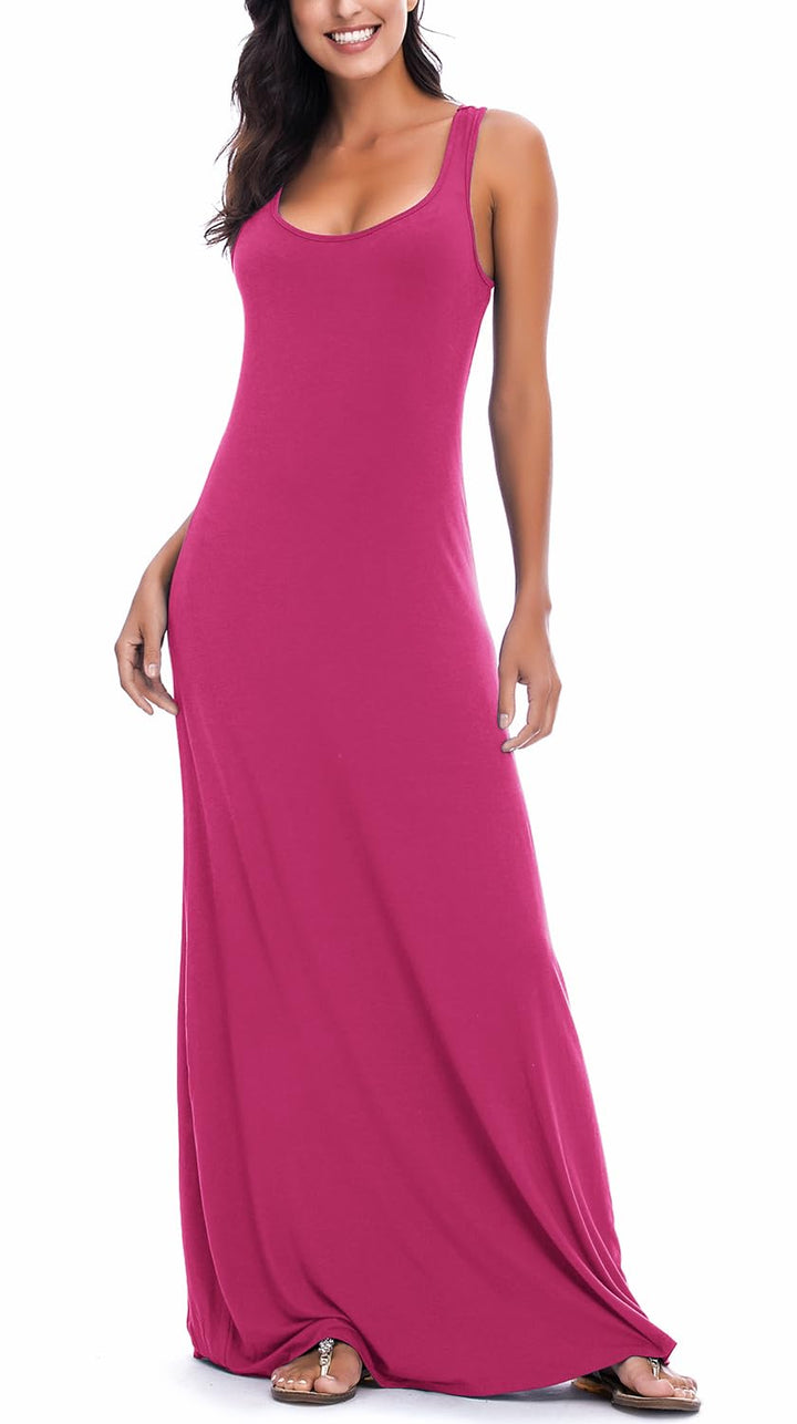 EXCHIC Damen Sommer Leichte Ärmellos Strand Maxi Kleid Elegant Elastisch Tunika Lang Kleider M Rosa,