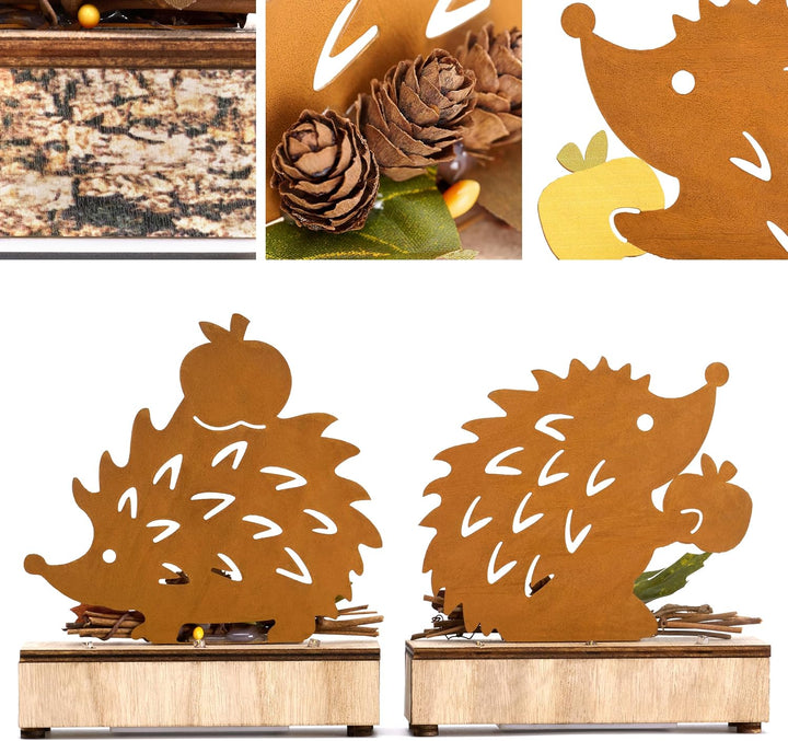 VALERY MADELYN 2er Rost Bunt Metall Igel Figuren für Herbstdeko Innen,mit LED,Sockel mit Holztextur,