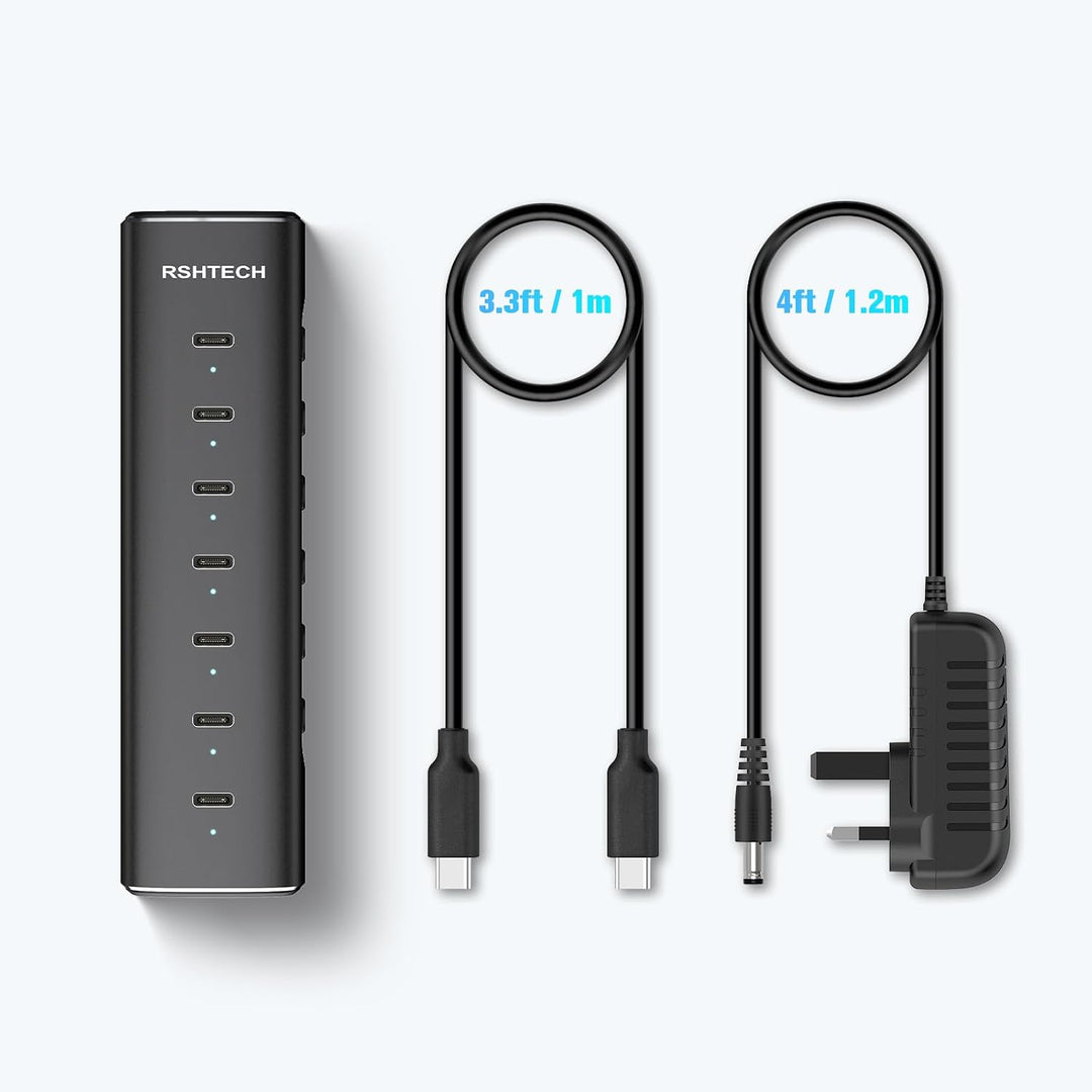 RSHTECH Alle 7 Anschlüsse sind USB-C Hub 3.2 mit Netzteil - Aktiver Verteiler 3.1 - Aktiv Schaltbaer