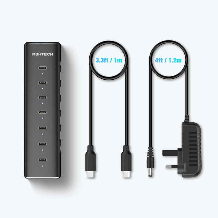RSHTECH Alle 7 Anschlüsse sind USB-C Hub 3.2 mit Netzteil - Aktiver Verteiler 3.1 - Aktiv Schaltbaer