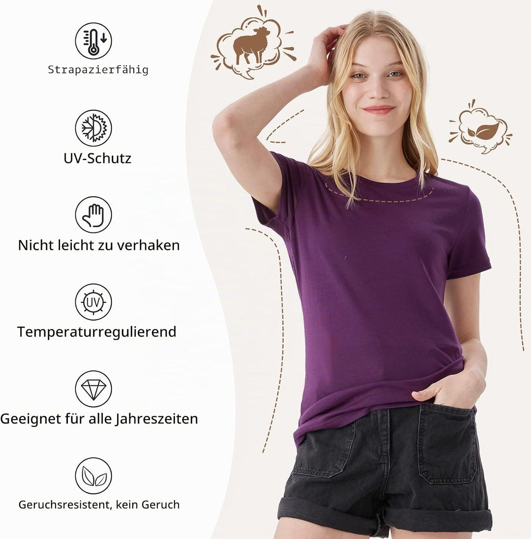 Merino Protect 100% Merino Wolle Shirt Damen Kurzarm Rundhals Wolle Unterhemd Geruchsresistenz Funkt