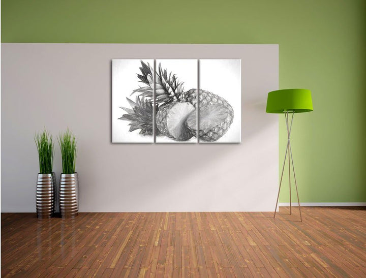 Pixxprint Frische Ananas Kohle Zeichnung Effekt 3-Teiler Leinwandbild 120x80 Bild auf Leinwand