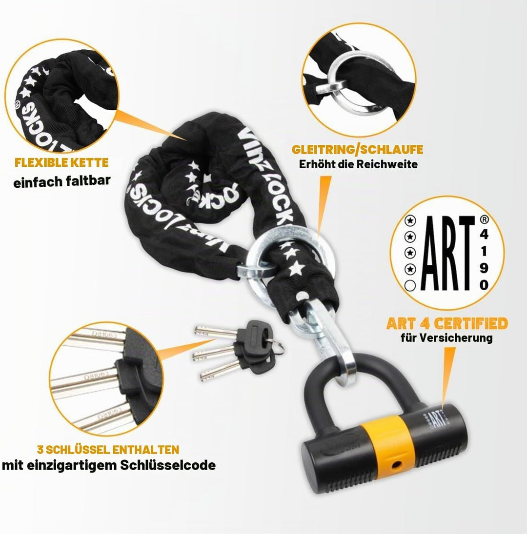 VINZ Trivor Kettenschloss ø10,5mm | ART 4 Zertifikat | Motorradschloss Kette Mopedschloss | sicheres