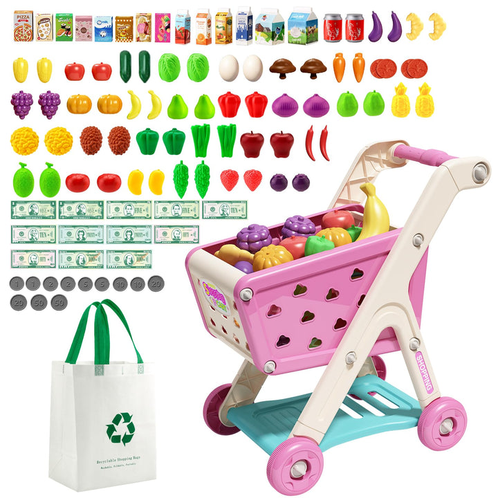 JOVOW Kinder Einkaufswagen Spielset, Zubehör für die Kaufladen 98 Stück mit Spielzeug Einkaufstasche