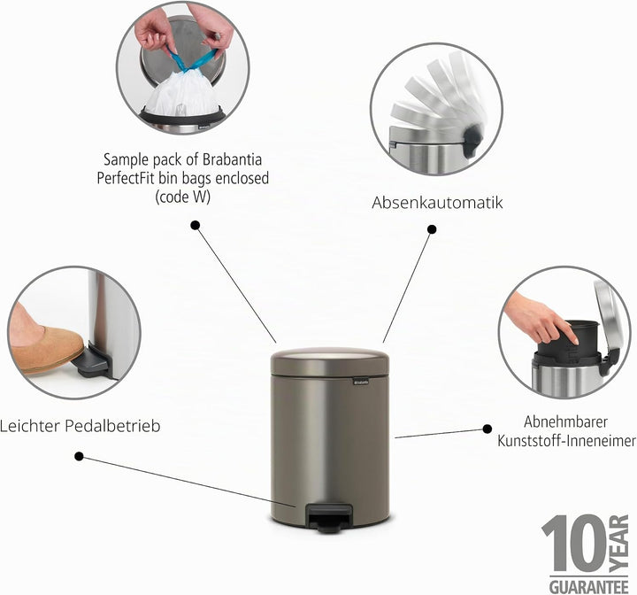 Brabantia Treteimer mit Inneneimer, 5L, aus Kunststoff, stahl, Platinum 5 Liter Platinum, 5 Liter Pl