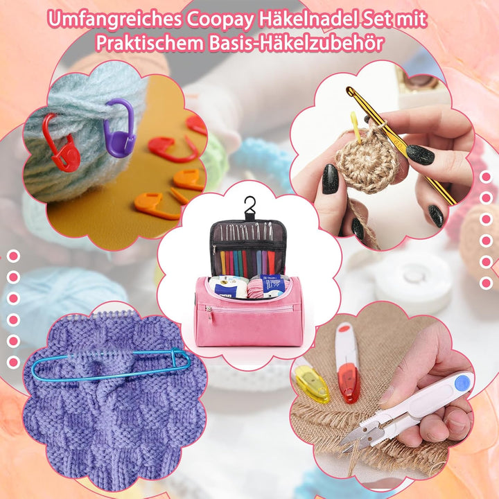 Coopay Tragbar Häkelset für Anfänger, Häkelnadel Set mit 15 Wolle, Tasche, Häkelzubehör, Ergonomisch